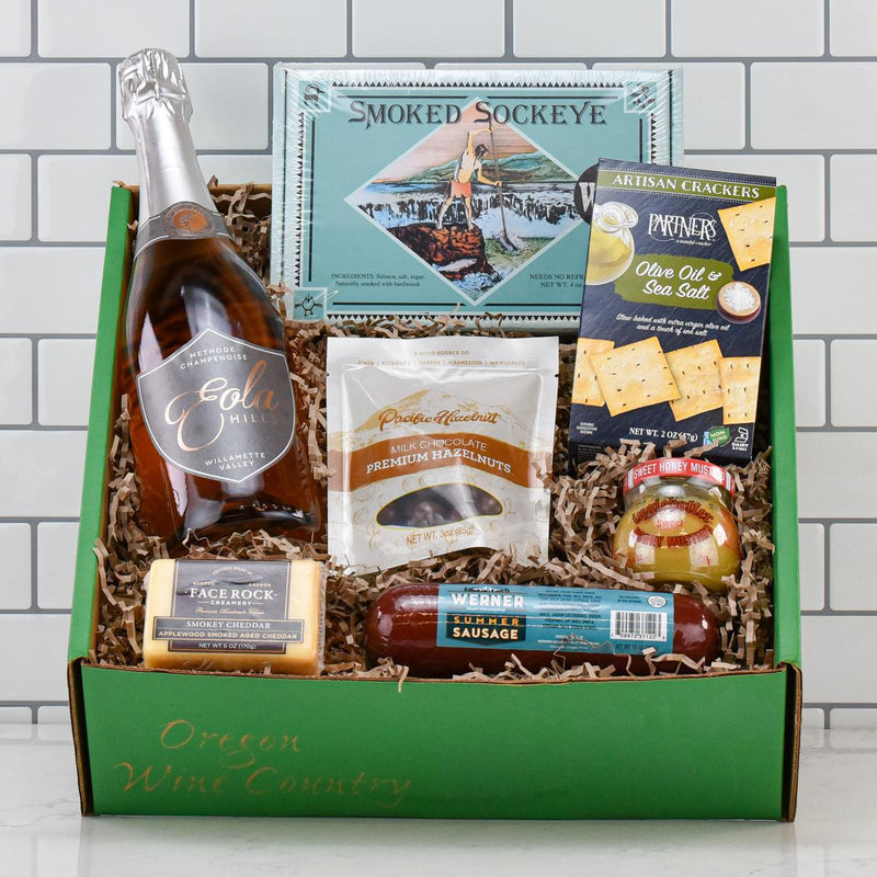 Load image into Gallery viewer, Cheers! Eola Hills Sparkling Gift Basket in eco friendly gift box
