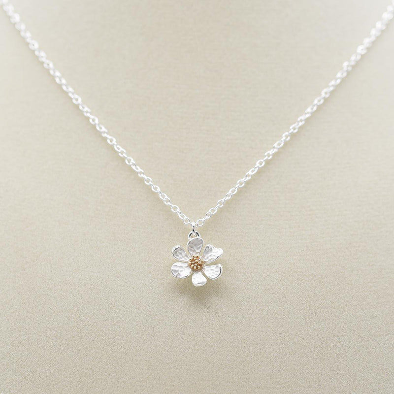 Load image into Gallery viewer, Elizabeth Jewelry Hammered Flower Necklace on jewelry form
