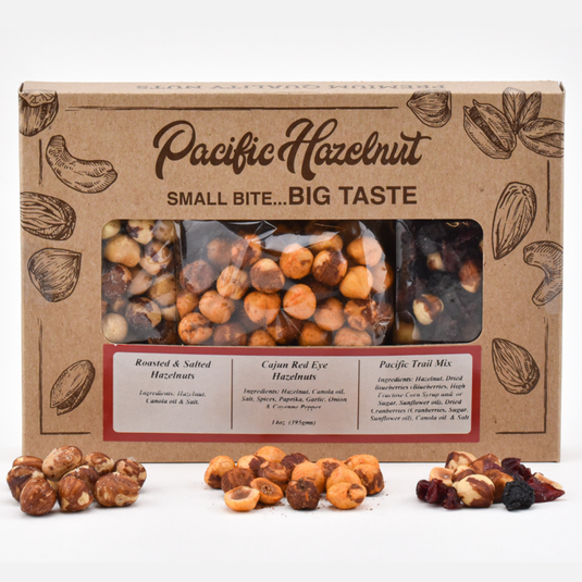 Pacific Hazelnut Farms Hazelnut Trio Gift Box - Roasted and Salted, Cajun, and Pacific Trail Mix
