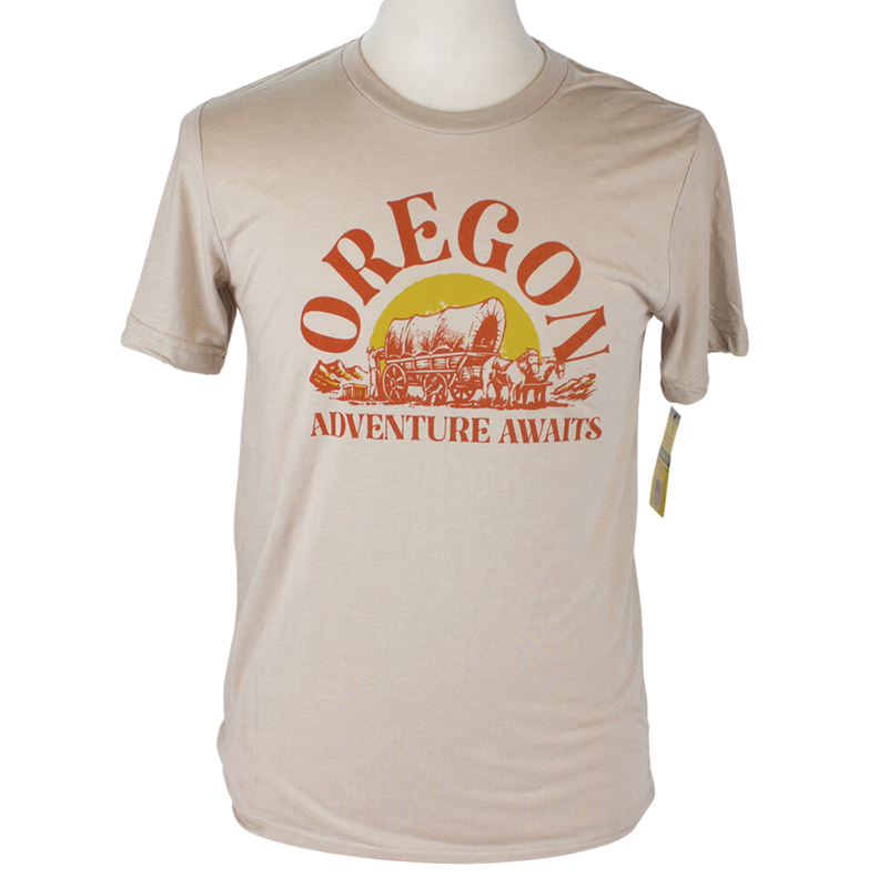 Load image into Gallery viewer, Adventure Awaits Oregon Trail T-Shirt front on form
