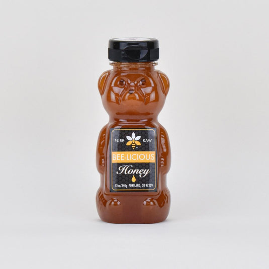bee licious pure raw honey 12 oz front of bottle