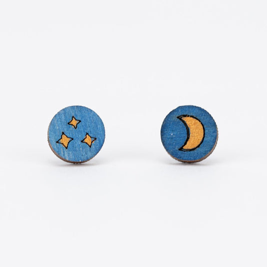 Moon and Stars Asymmetric Wooden Stud Earrings front