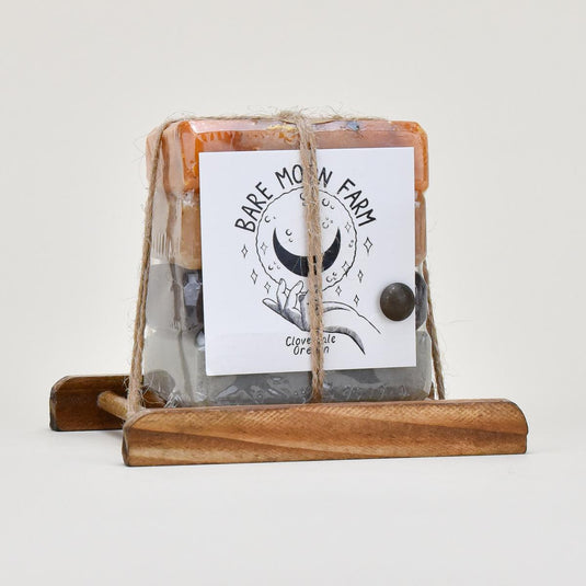 Bare Moon Farm Soap Sampler with Wood Dish front wrapped with label