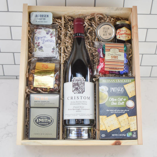 Cristom Club Favorites Wine Gift Basket in wooden box