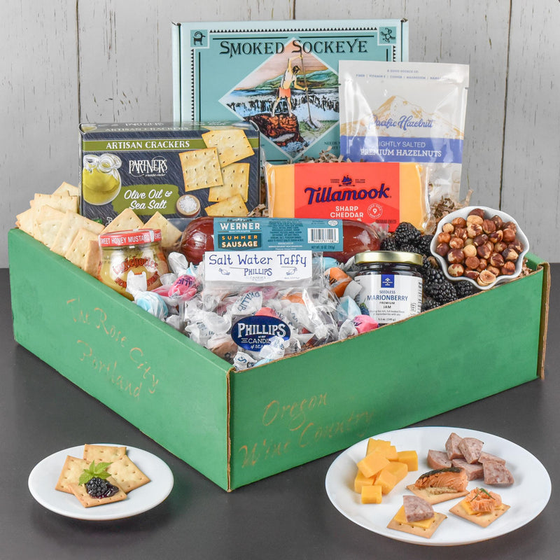 Load image into Gallery viewer, Oregon Native Food Gift Basket with Tillamook Sharp Cheddar and smoked salmon