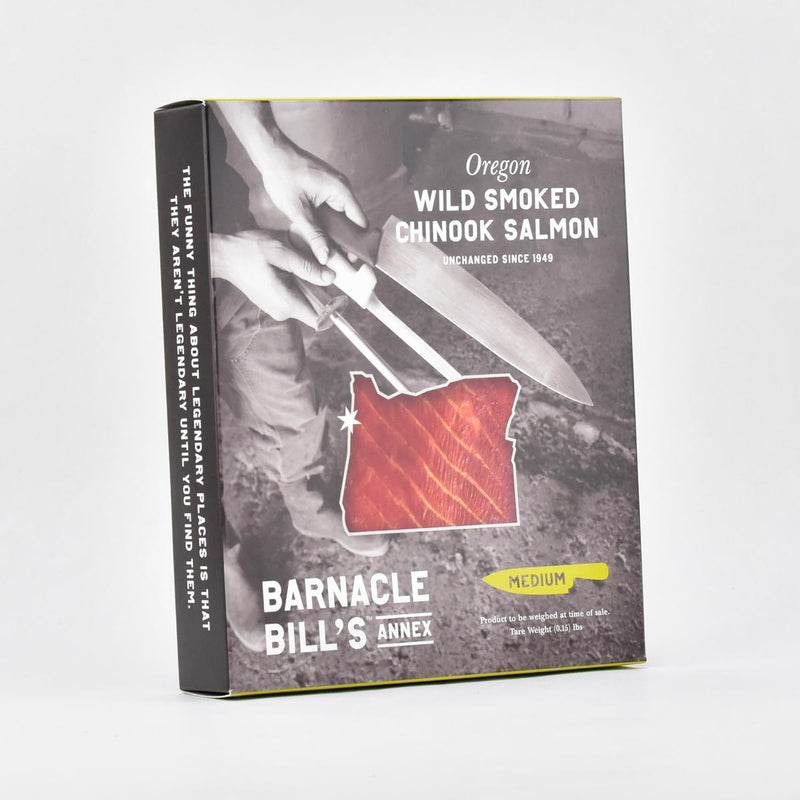 Load image into Gallery viewer, Barnacle Bill&#39;s Wild Smoked Medium Chinook, 4oz. front of box angle
