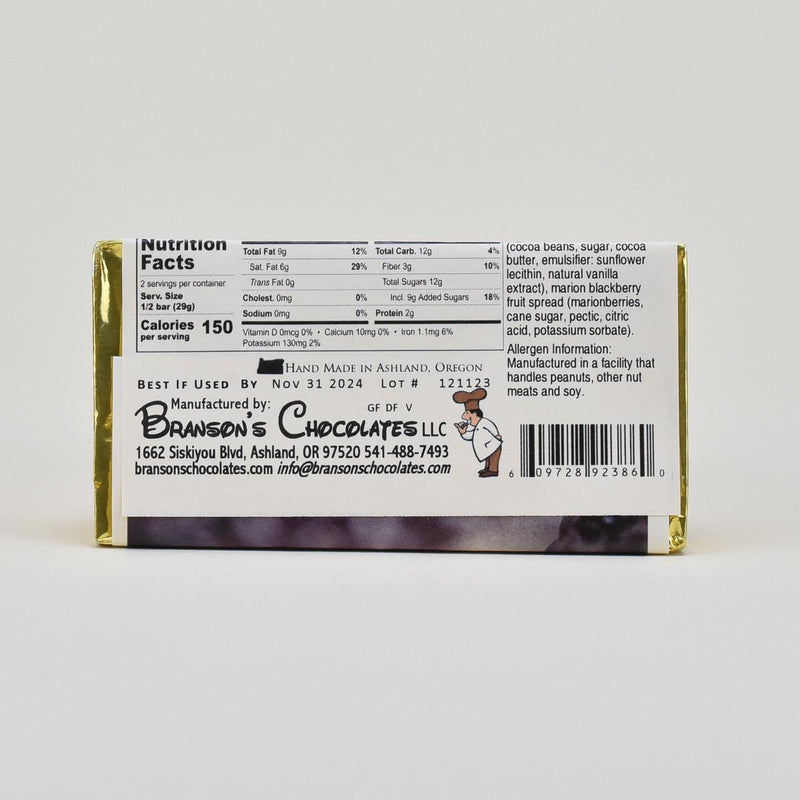 Load image into Gallery viewer, Branson&#39;s Chocolates Oregon Marion Blackberry Bar, 2oz nutrition label
