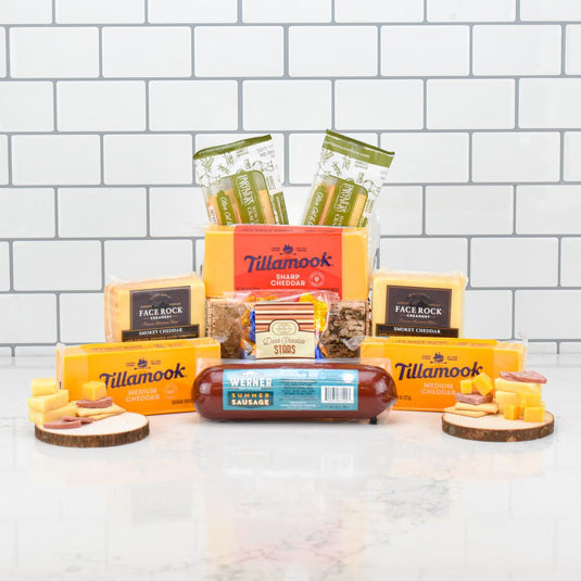 Cheese Enthusiast Gift Basket lifestyle plated cubed cheese