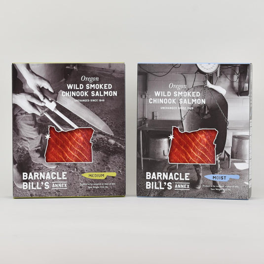 Barnacle Bill's Wild Smoked Chinook Salmon Moist Cut, 8oz with medium cut, pair front of box