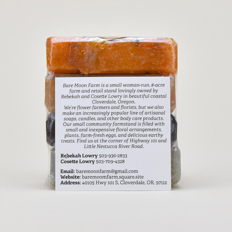 Load image into Gallery viewer, Bare Moon Farm Soap Sampler with Wood Dish back bio label
