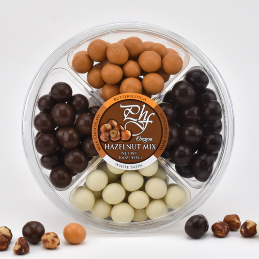 Pacific Hazelnut Farms Oregon Hazelnut Mix with Butterscotch, Dark Chocolate, Milk Chocolate, and White Satin