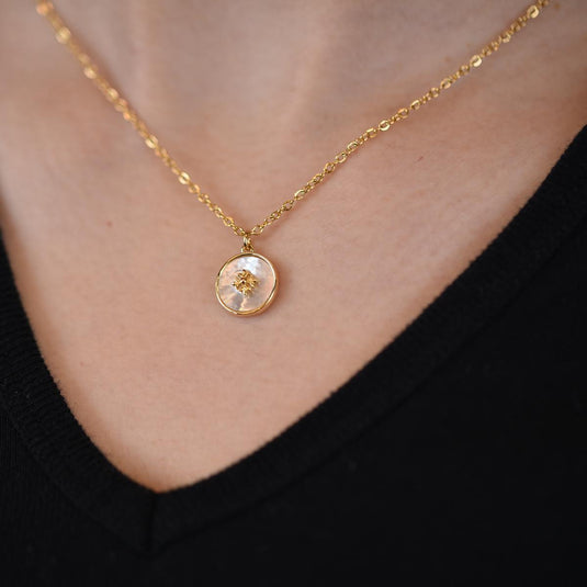 Mother of Pearl Disk Necklace on model