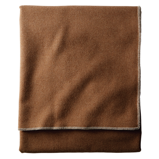 Pendleton Eco Wise Camel Heather Wool Blanket, folded. Queen size.