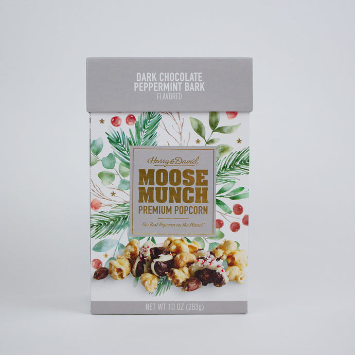 Harry & David festive box of Dark Chocolate Peppermint Bark Moose Munch popcorn