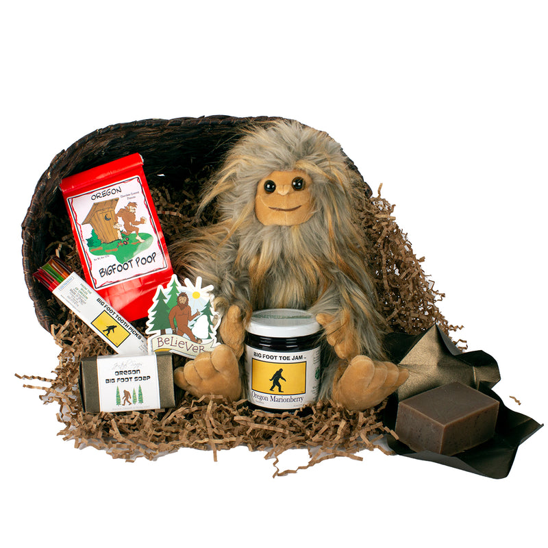 Load image into Gallery viewer, Made in Oregon Bigfoot Gift Basket. Includes Fuzzy Bigfoot plush, Oregon marionberry Big Foot Toe Jam, Oregon Bigfoot Soap, Bigfoot Toothpicks in assorted honey flavors, and bigfoot believer sticker. 118441
