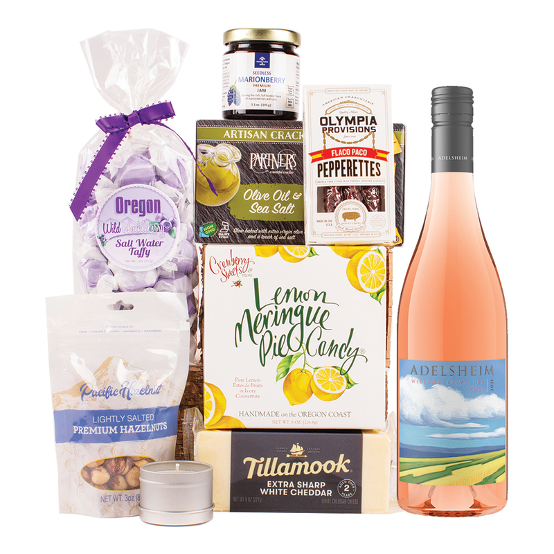 Load image into Gallery viewer, Adelsheim Vineyards For Mom Gift Basket, includes Adelsheim Rose, Tillamook Extra Sharp White Cheddar, marionberry jam, huckleberry salt water taffy, Olympia Pepperettes, Lemon Meringue candies, and a pinot noir tea candle.
