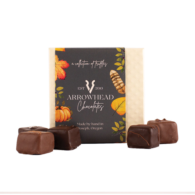 Load image into Gallery viewer, Arrowhead Chocolates Assorted Truffles, 9pc front of box with samples
