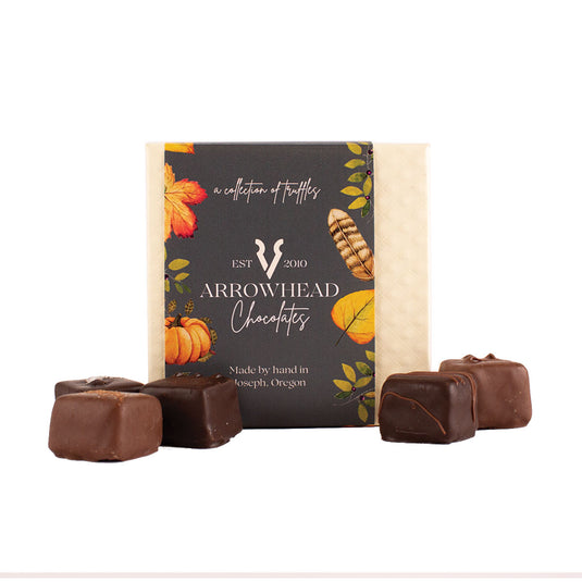 Arrowhead Chocolates Assorted Truffles, 9pc front of box with samples