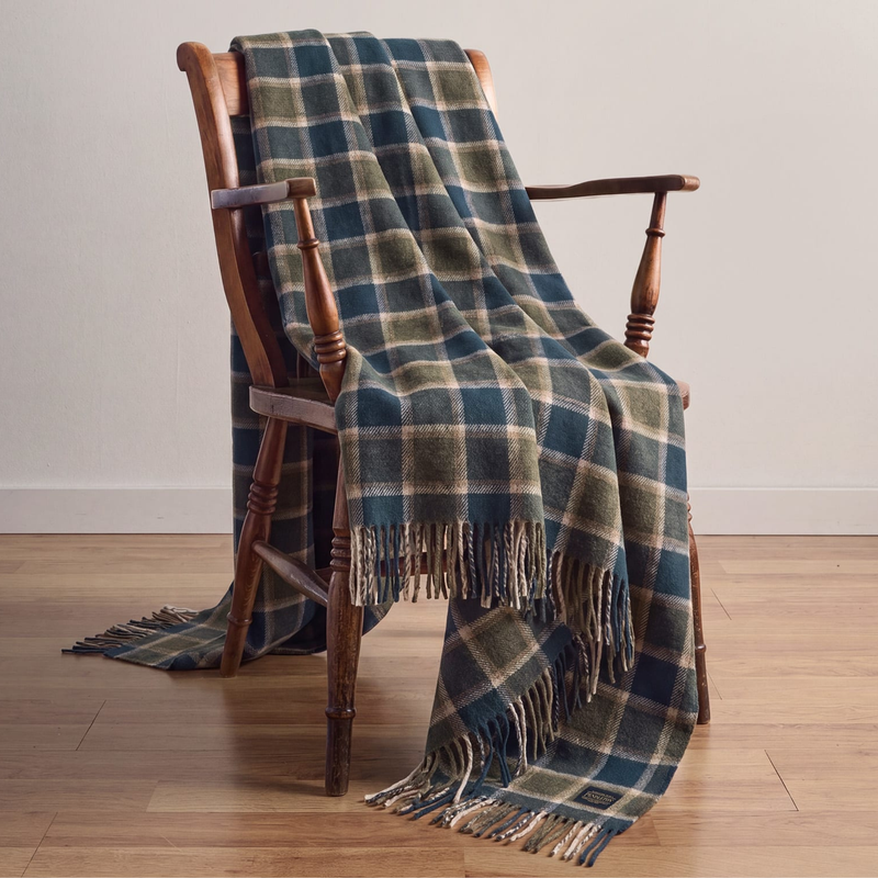 Load image into Gallery viewer, Pendleton Eco-Wise Olive/Sea Blue Check Washable Wool Blanket, Throw
