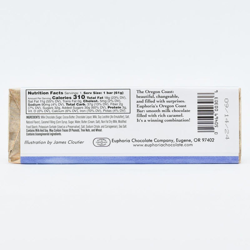 Load image into Gallery viewer, Oregon Coast Milk Chocolate and Caramel Bar, 2.15oz. nutrition facts
