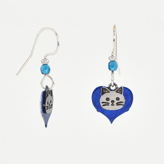 Beautiful Medusa Heart Cat Dangle Earrings front side blue