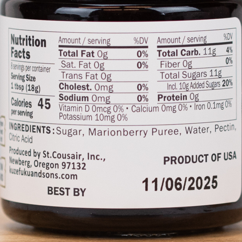 Load image into Gallery viewer, Kuze Fuku &amp; Sons Seedless Marionberry Jam Nutrition Facts and Ingredients
