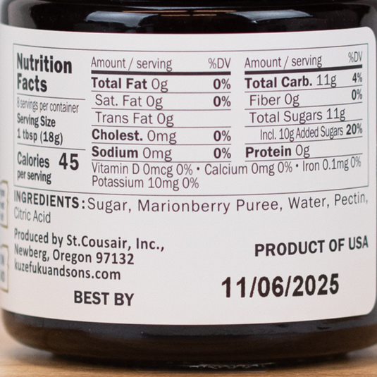 Kuze Fuku & Sons Seedless Marionberry Jam Nutrition Facts and Ingredients