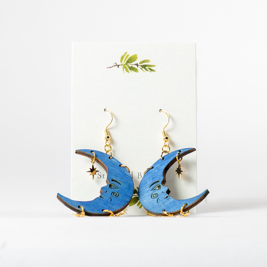 Blue Crescent Moon with Stars Dangle Earrings