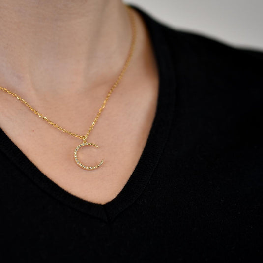 Gold Crescent Moon Gems Necklace