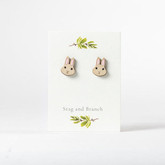 Bunny Face Wood Stud Earrings