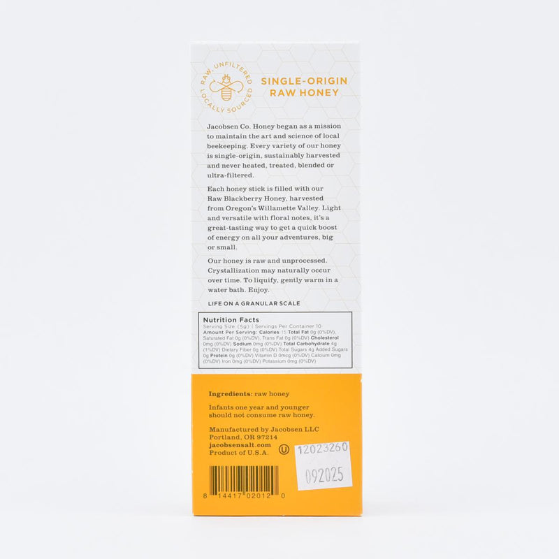 Load image into Gallery viewer, Jacobsen Salt Co. Raw Honey Sticks, 10pc nutrition facts
