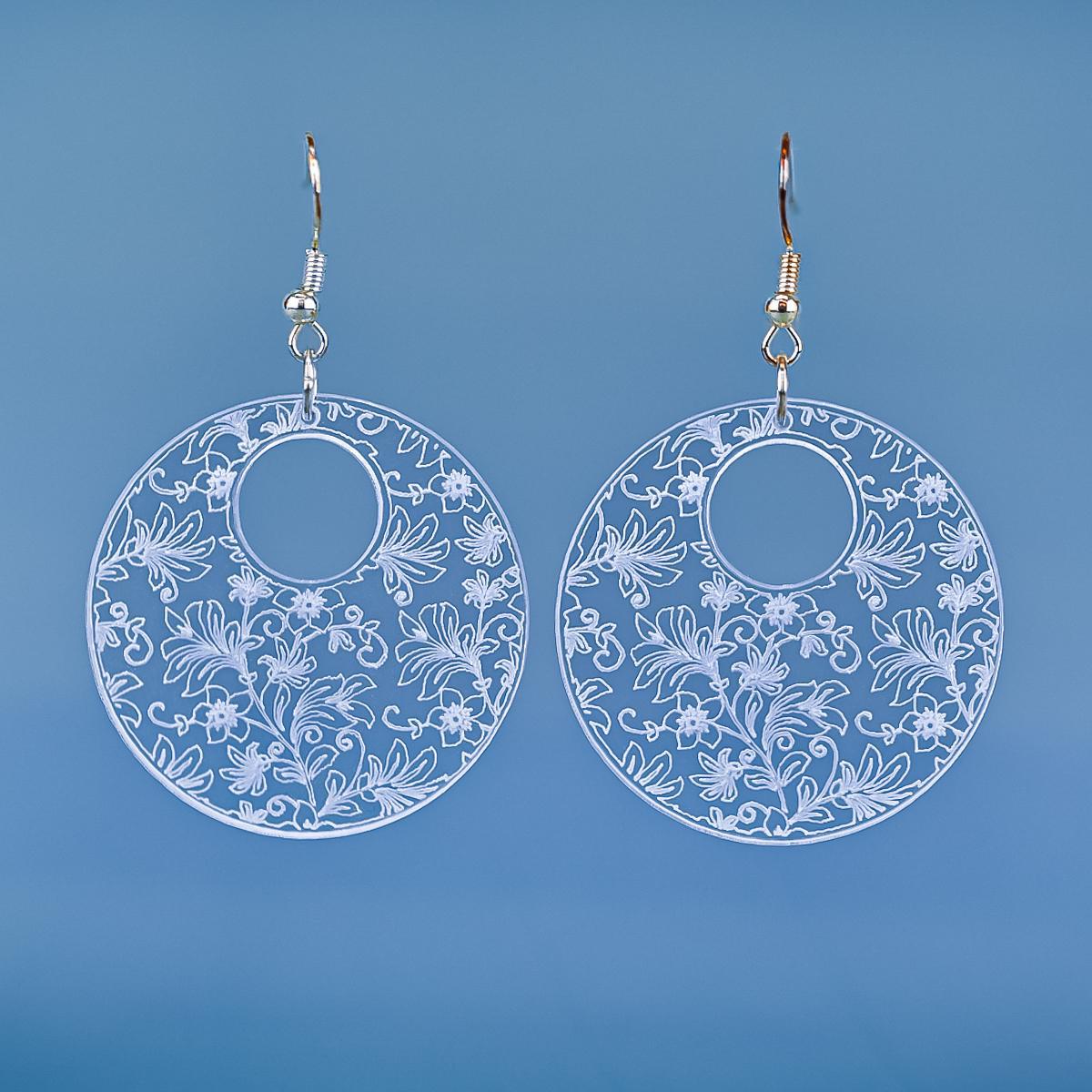 Damask engraved acrylic earrings made in oregon