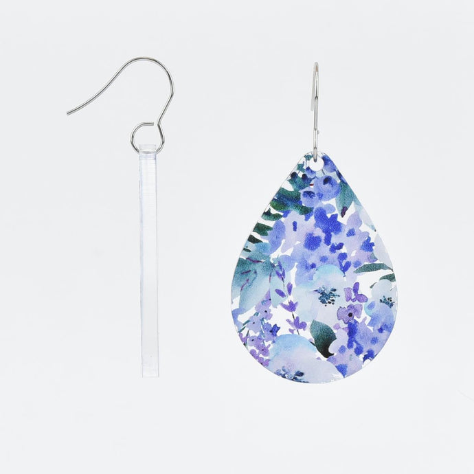 Blue and Purple Flower Teardrop Acrylic Earrings front and side