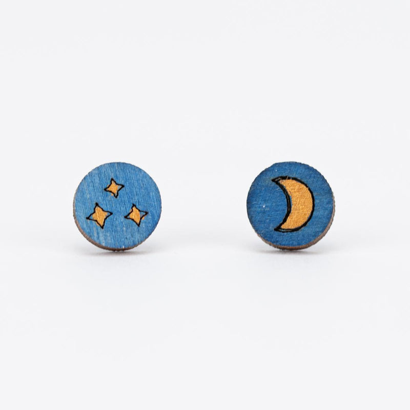 Load image into Gallery viewer, Moon and Stars Asymmetric Wooden Stud Earrings
