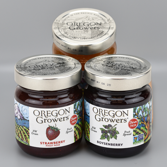 Oregon Growers Fruit Spread trio or jars with artwork on lid