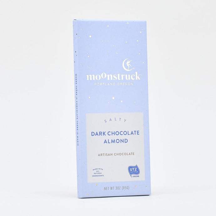 Moonstruck dark chocolate almond bar front of label