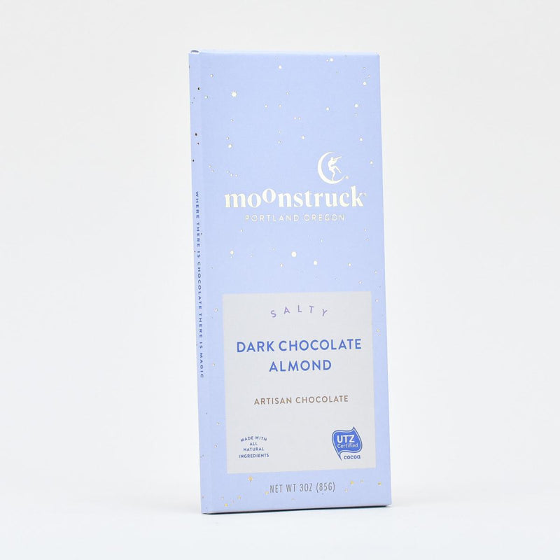 Load image into Gallery viewer, Moonstruck dark chocolate almond bar front of label
