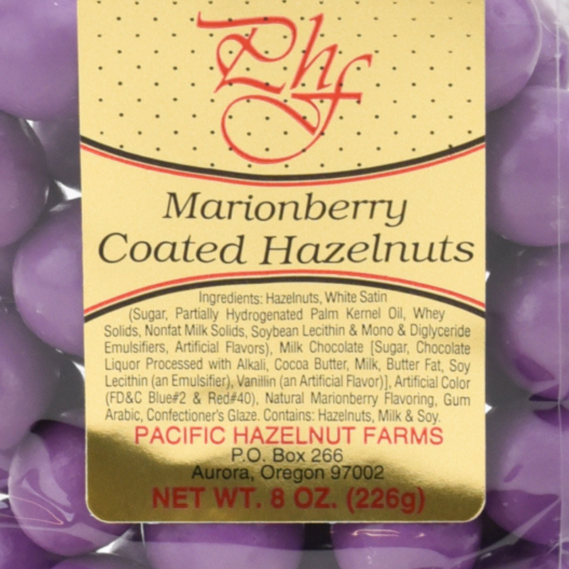 Load image into Gallery viewer, Pacific Hazelnut Farms Marionberry Chocolate Covered Hazelnuts Ingredients
