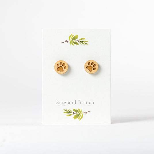 Paw Print Wood Stud Earrings