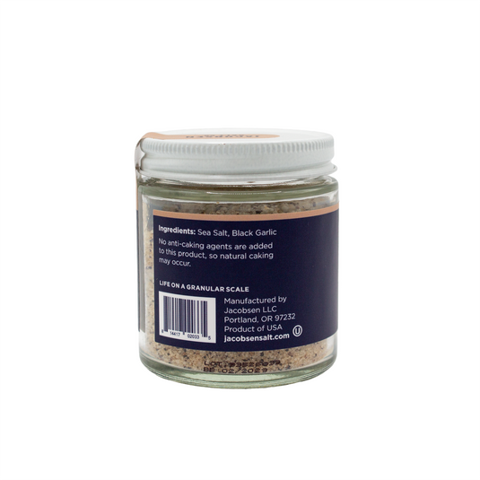 Jacobsen Salt Co. Infused Black Garlic Salt 2.5 oz glass jar with label of ingredients