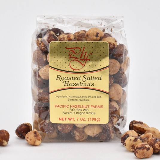 Pacific Hazelnut Farms 7oz Roasted Salted Hazelnuts in a clear bag.