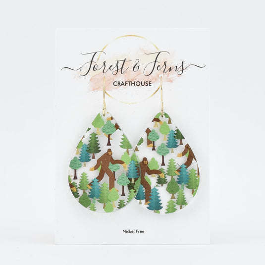 Bigfoot in the Forest Teardrop Acrylic Earring on card