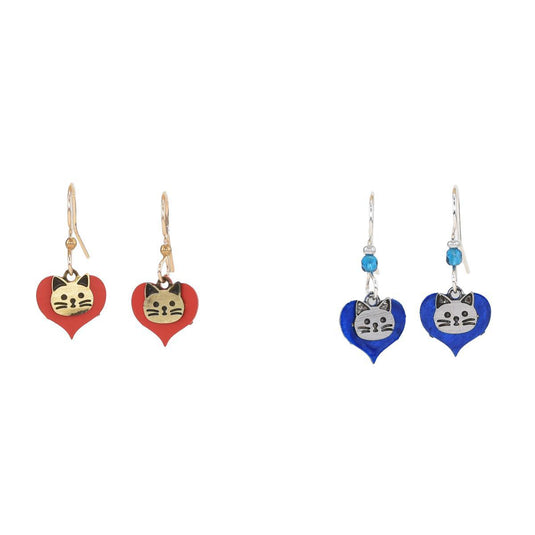 Beautiful Medusa Heart Cat Dangle Earrings front of earring blue red