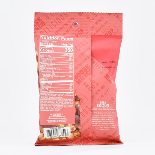 Moose Munch® Dark Chocolate Popcorn, 2.5oz nutrition facts