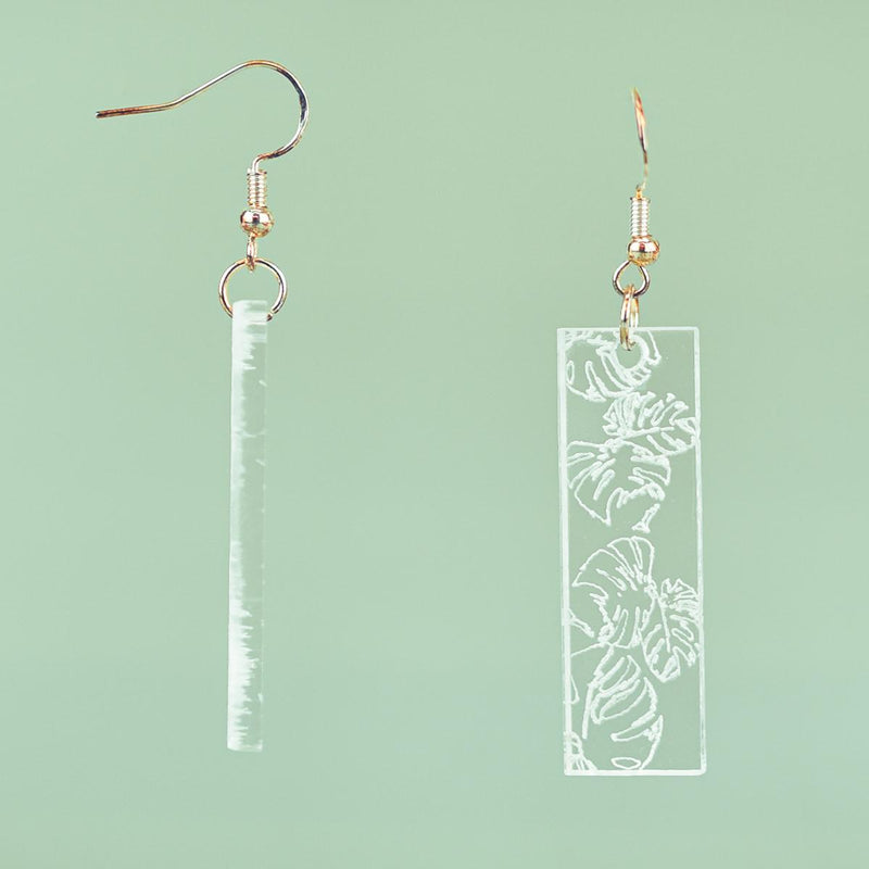 Load image into Gallery viewer, Monstera Rectangle Engraved Acrylic Earrings front and side
