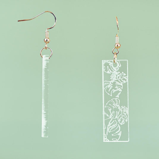 Monstera Rectangle Engraved Acrylic Earrings front and side