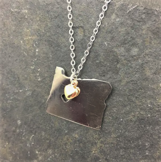 Load image into Gallery viewer, Belva Ann Silver Oregon State with Gold Heart Necklace
