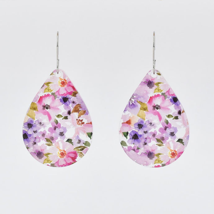 Pink and Purple Flowers Teardrop Acrylic Earrings