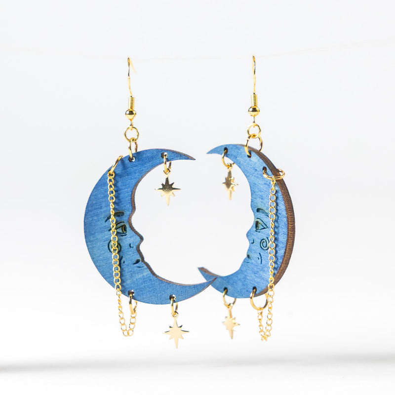 Load image into Gallery viewer, Blue Crescent Moon with Stars Dangle Earrings
