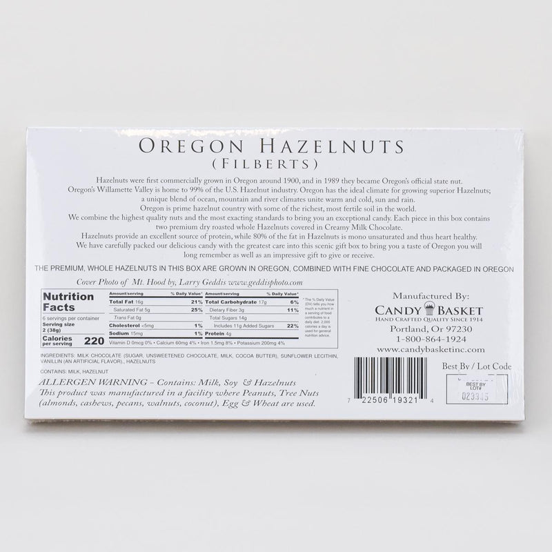 Load image into Gallery viewer, The Candy Basket Mt Hood Chocolate Covered Hazelnuts Ingredients / Back of Box
